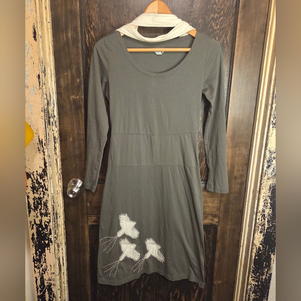 Synergy Organic Clothing Gray Long Sleeve Dress w/Birds Embroidery Applique